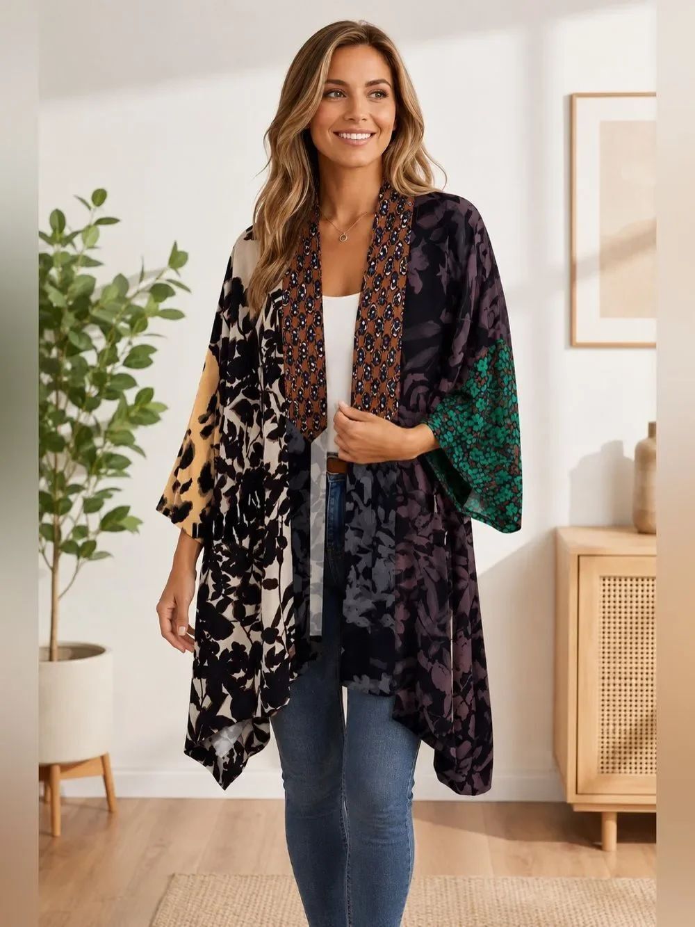 Kedem Sasson Women's Abstract Kimono Jacket Multi Print Multi Color in One Size
